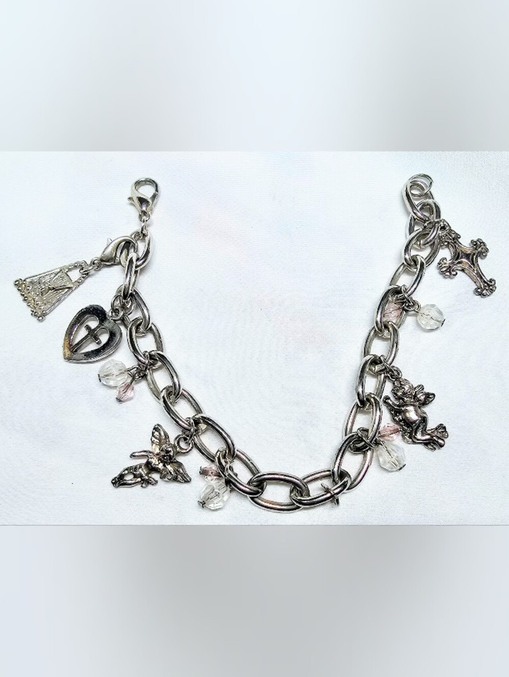 Vintage Link Chain Dangle Charm Bracelet Silvertone Angel,Purse,Cross